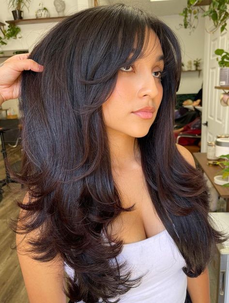 Layers with Upturned Ends Curtain Bangs With Layers, Bangs With Layers, Blonde Layered Hair, Layered Haircuts For Medium Hair, Hairstyles For Layered Hair, Long Layered Haircuts, Haircuts For Medium Hair, Long Hair With Bangs, Long Layered Hair