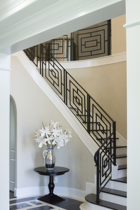 This custom geometric design was created using our fabricated wrought iron services. These unique components are made of solid wrought iron, and are can be powder-coated and custom painted in Satin Black (shown), Oil Rubbed Bronze, Antique Nickel, or Oil Rubbed Copper. We offer parts, install services, and custom components throughout Texas. Click the image for more information. Iron Staircase Railing, درج السلم, Stairs Railing, Steel Railing Design, Wrought Iron Stair Railing, Modern Stair Railing, Staircase Railing, Staircase Railing Design, Iron Staircase