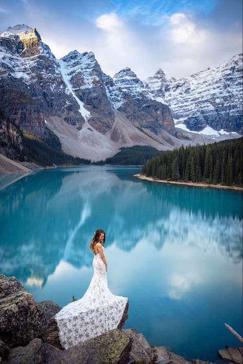 Bridal portraits at Moraine Lake with local Banff adventure wedding photographers, Wild Alpine Image Co. Mountain Inspired Wedding, Moraine Lake Wedding, Lake Louise Wedding, Lake Wedding Photos, Ski Resort Wedding, Canmore Wedding, Sunrise Wedding, Mountain Wedding Ideas, Banff Wedding