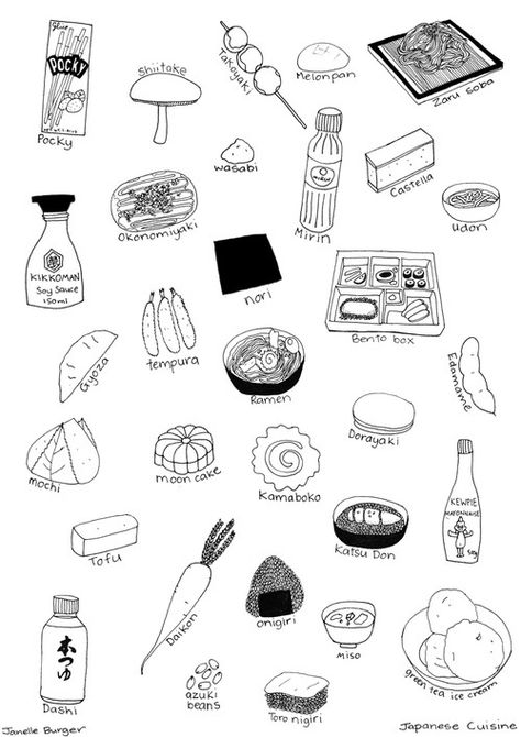 Handy guide, eh Japanese Food Illustration, Food Drawings, Food Sketch, Japanese Drawings, Japon Illustration, Illustration Food, Food Chain, Food Drawing, Food Illustrations