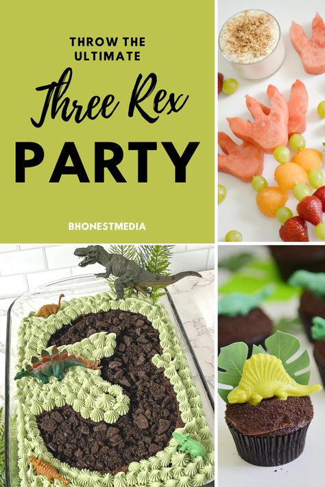 Throw your 3 year old the ultimate Three Rex birthday party with these dinosuar theme ideas. 3 Rex Food Ideas, Food For 3rd Birthday Party, T Rex 3rd Birthday, Three Rex Birthday Party Favors, 3 Rex Party Ideas, Three Rex Party Ideas, Young Wild And Three Dinosaur Birthday, Dinosaur Birthday Party Snacks, 3year Birthday Party Ideas Boy