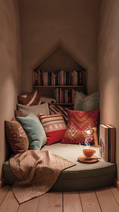 Create a cozy and cute reading nook in your room with soft cushions and a small bookshelf. Perfect for relaxing and unwinding. Teenage Reading Nook, Reading Cubby, Cool Reading Nooks, Small Reading Corner, Small Library Room, Small Reading Nook, Nook Chair, Corner Reading Nook, Small Apartment Balcony