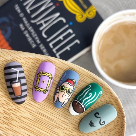 Friends Tv Show Thanksgiving Nails, Friends Tv Nails, Friends Nail Art Tv Show, Bob Ross Nails, The Office Nails Tv Show, Friends Theme Nails, Friends Inspired Nails, Phineas And Ferb Nails, The Office Nails