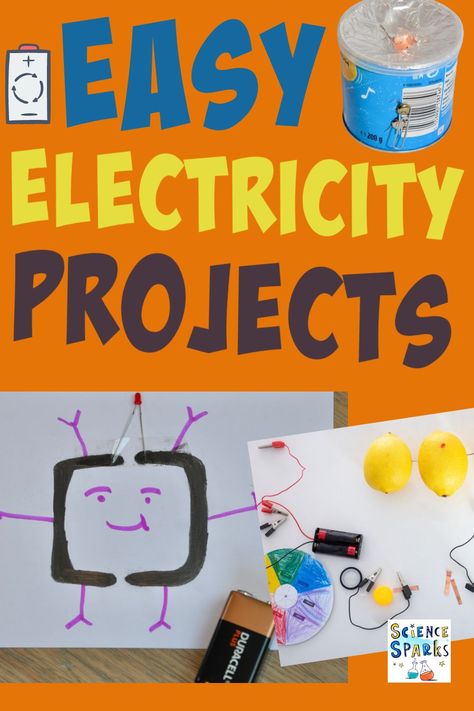 Collection of easy electricity projects for kids including a pencil circuit, play dough circuit, DIY torch and lemon battery. Fantastic first electricity experiments. Easy Circuit Projects, Electricity Preschool Activities, Inventions For Kids Projects, Kids Inventions Projects For School, Battery Experiments For Kids, Electricity Science Fair Projects Ideas, Electrical Energy Activities, Electricity Experiments For Kids, Electric Circuit Projects Kids