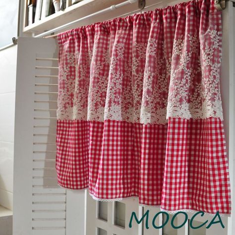 Curtains For Kitchen Window, Checkered Curtains, Curtain Cabinet, Cabinet Cover, Plaid Kitchen, Curtains For Kitchen, Kitchen Window Curtains, Plaid Curtains, Lace Curtain