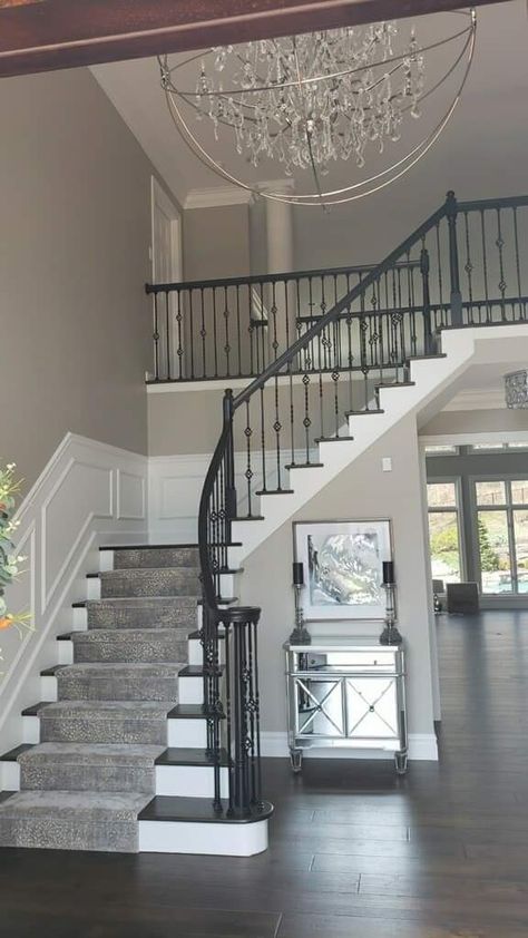 2 Story Foyer Staircase, Two Staircases In House, Cute Foyer Ideas Entrance, Staircase Entrance Design, Stair Case Designs Interiors, Foyer Staircase Entryway, Bloxburg Entryway Ideas, Stair Cases, Barndominium Interior