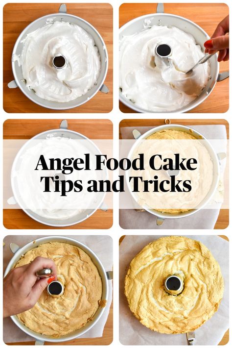 Grid of six images showing angel food cake batter in the pan. Old Fashioned Angel Food Cake, Fall Angel Food Cake Recipes, Angel Food Cake And Jello Recipes, Boxed Angel Food Cake Hacks, Angel Food Wedding Cake, Angle Food Cake Recipe, Angel Cake Recipe, Flavored Angel Food Cake, Recipe For Angel Food Cake