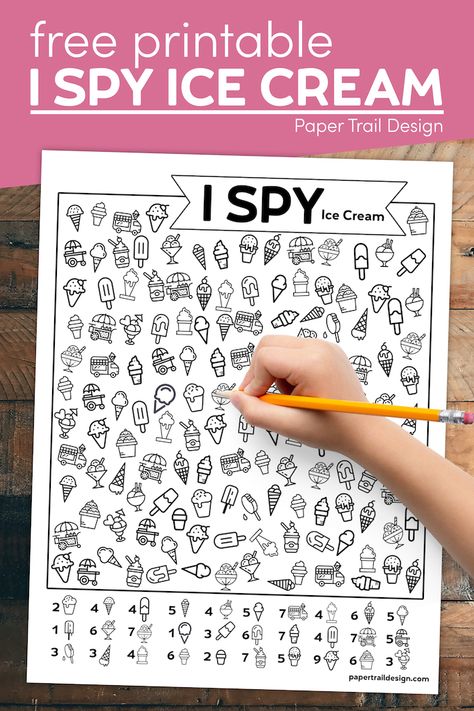 Keep kids busy and entertained with this free printable I spy activity page that makes a great quiet activity for kids to do indoors. Ice Cream Activity, Ice Cream Games, Ice Cream Crafts, Paper Trail Design, Trail Design, Fun Indoor Activities, Free Activities For Kids, Free Printables For Kids, Keep Kids Busy