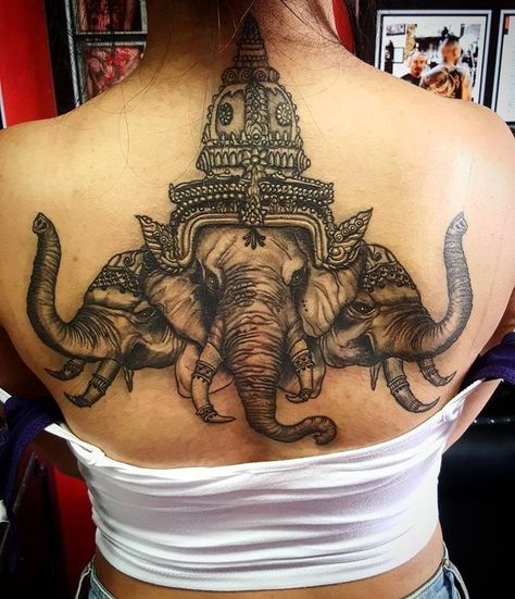 3 Headed Elephant Tattoo, Three Headed Elephant Tattoo, Elephant God Tattoo, Three Headed Elephant, Tattoo Ideas Meaning, Buddhist Tattoos, Elephant Tattoo Ideas, Geisha Tattoos, Elephant Tattoo Meaning