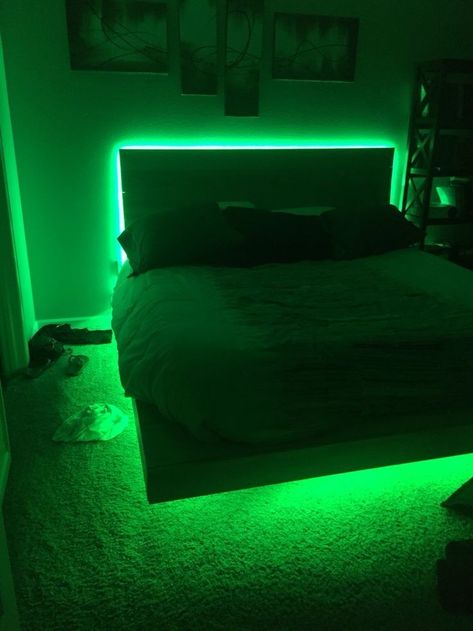 Bed With Lighting, Led Lights Under Bed Aesthetic, Bunk Beds With Led Lights, Bedroom Ideas For Men Led Lights, Bed Frame Led Lights, Led Light Behind Bed, Led Bed Lights, Underbed Led Lights, Beds With Led Lights Under