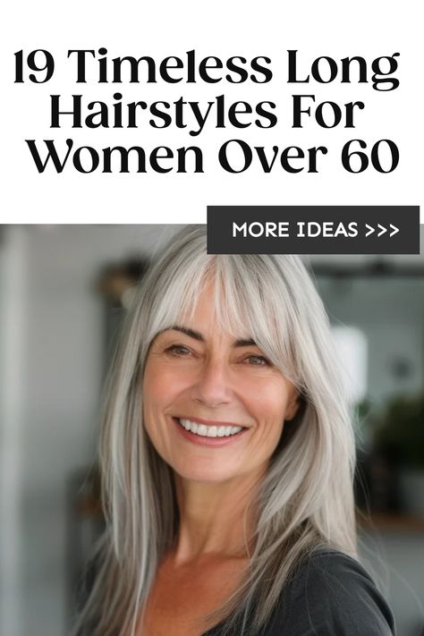 Smiling woman with long gray hair illustrating a hairstyle for women over 60. Long Hair Older Women, Long Hairstyles For Women, Long Length Hair, Over 60 Hairstyles, Hairstyles For Women Over 60, Old Hairstyles, Hair Mistakes, Grey Hair Styles For Women, Long Gray Hair