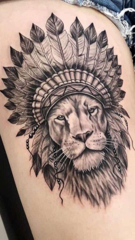 Lion Indian Headdress Tattoo, Lion With Headdress Tattoo, Lion Indian Tattoo, Lion With Indian Headdress Tattoo, Indian Lion Tattoo, Lion Headdress Tattoo, Lion Tattoo Ideas For Men, Red Indian Tattoo, Lion Tattoo Meaning