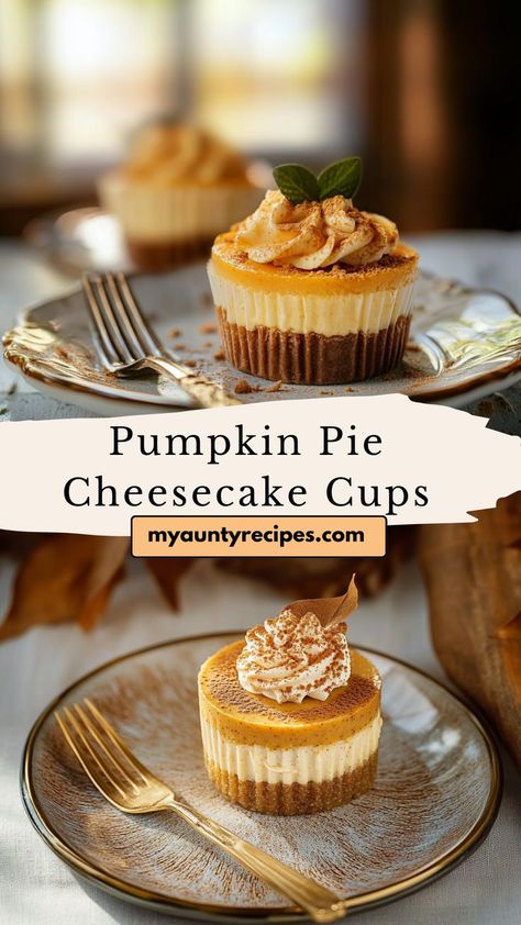 Enjoy these Easy Pumpkin Pie Cheesecake Cups, featuring creamy pumpkin cheesecake in a bite-sized dessert. Perfect for fall recipes, each cup is spiced with cinnamon and nutmeg for classic autumn flavor. They’re quick, delicious, and a fun addition to any dessert spread this season. Pumpkin Cream Cheese Desserts, Individual Pumpkin Cheesecake, Mini Pumpkin Cheesecake Bites, Cup Pies, Pumpkin Pie Cheesecake Bites, Easy Pumpkin Pie Cheesecake, Mini Pumpkin Pie Cheesecake, Pumpkin Cheesecake Cups, Cheesecake Dessert Cups