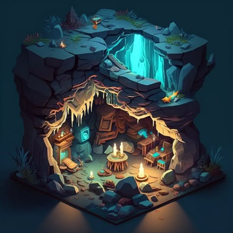 The cave was drawn by giving a description to the artificial intelligence and then choosing the best one and modifying it Cave Lair Concept Art, Cave House Concept Art, Cave Drawing Illustration, Cave Diorama, Cave Concept Art, Isometric Environment, Cave Illustration, Cave Environment, Cave Interior