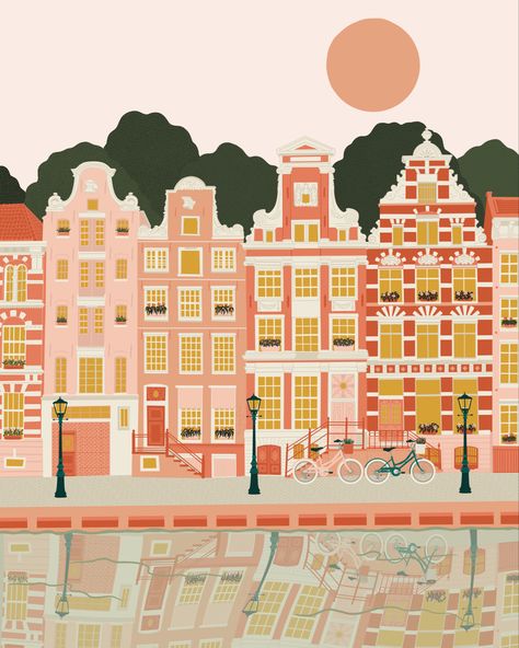 Amsterdam artwork, Amsterdam illustration Amsterdam Illustration, Summer In Amsterdam, Flow Magazine, Vintage Poster Art, Delft, Vintage Posters, Taj Mahal, Holland, Amsterdam