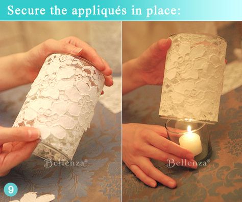 Finished glass votive holder with white lace rosette fabric -- see the full post for this DIY at the Bellenza Wedding Bistro. #bellenzaweddings #vintageweddingideas Pearl Wedding Decorations, Lace Candle Holders, Lace Candles, Glass Votive Holders, Candle Wrap, Wedding Crafts Diy, Candle Holders Wedding, Glass Votive, Craft Wedding