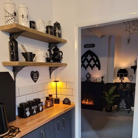 | Home spooky home 🖤 #kitchen #decor #kitchendesign #kitchendecor #livingroom #livingroomdecor #killstar #cosy #spider #cathedral… | Instagram Killstar Home Decor, Goth Kitchen Ideas, Goth Kitchen Decor, Goth Kitchen, Gothic Kitchen, Spooky Home, Home Kitchen Decor, Goth Home, Goth Home Decor