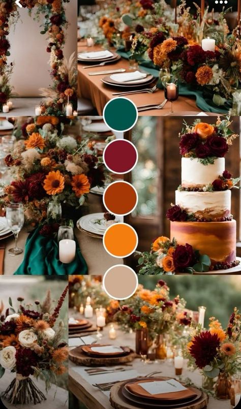 Fall Earthy Wedding Color Schemes, Earthy Summer Wedding Colors, Rustic Country Wedding Color Schemes, Rustic Autumn Wedding Centerpieces, Sienna And Emerald Wedding, Fall Wedding Colors Mustard Yellow, Thanksgiving Themed Wedding, Terra Cotta Boho Wedding, Paprika Color Wedding