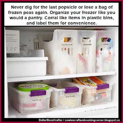 Dollar Store Crafter: Use Dollar Tree Bins To Organize Your Freezer ~ Do... Small Kitchen Diy, Organiser Cucina, Diy Organizer, Freezer Organization, Freezer Storage, Kitchen Organization Diy, Refrigerator Organization, Dollar Store Organizing, Fridge Organization