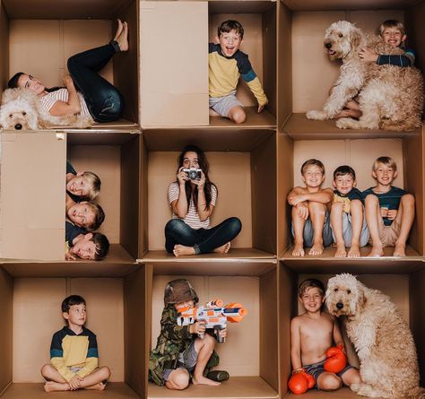 Oh my goodness! 😁I had to jump on this cardboard box 📦bandwagon! It’s a bit of a photoshop disaster but I love the glorious imperfection of… Cardboard Box Kids Photoshoot, Box Collage Photography, Family Box Photoshoot, Valentines Box Photoshoot, Cardboard Box Photoshoot Diy, Family Box Photo, Cardboard Box Pictures, Baby In A Box Photography, Christmas Cardboard Box Photoshoot