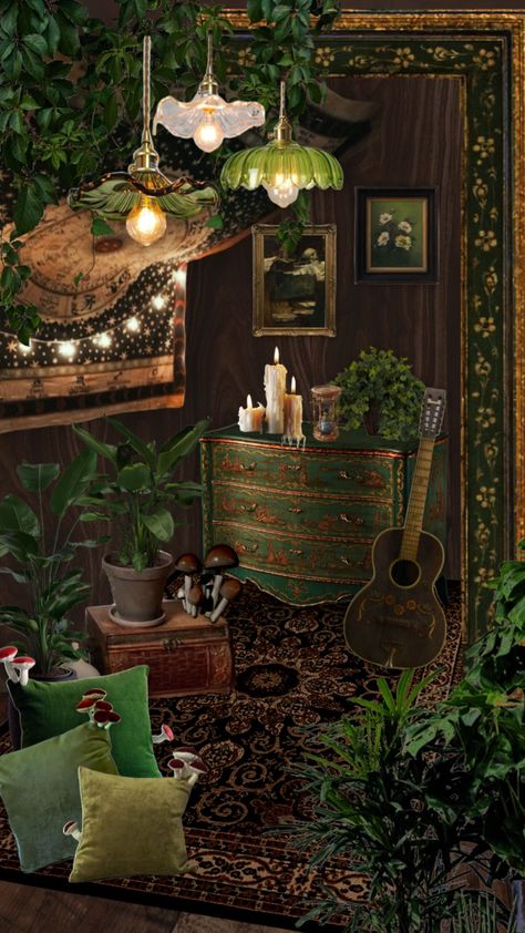 Goblincore Home Aesthetic, Goblin Core House Decor, Goblin Core House, Goblincore Office, Goblincore Bathroom, Goblincore Moodboard, Goblin Core Bedroom Ideas, Fairycore Interior, Goblin Decor