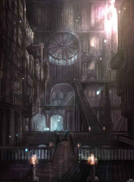 Dream Realm Aesthetic, Khaenri'ah Aesthetic, Infinite Staircase, Steampunk Library, Dream Realm, Library Games, University Of Paris, Dark Castle, Ancient Technology