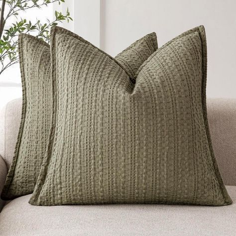 Amazon.com: Foindtower Set of 2 Decorative Cotton Waffle Weave Lumbar Throw Pillow Covers Euro Shams Cushion Covers Accent European Pillowcase for Bed Couch Bedroom Living Room Home Decor 12×20 Inch Olive Green : Home & Kitchen Olive Green Pillow, Room Finds, Beige Couch, Classic Cushions, European Pillows, Green Throw Pillow, Bed Rug, Sofa Bed Living Room, Orange Pillows