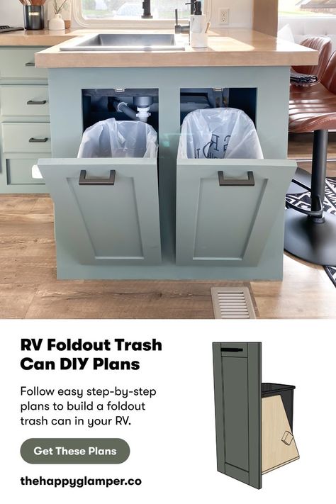 Build a foldout trash can for your RV! The plans include a material cut list, a list of necessary tools & hardware, assembly directions, and dimensions. The overall dimensions of the foldout trash are 12” W x 13 1/4” L x 26” H. Cabinet color: SW Pewter Green Countertops: Minwax Weathered Oak DIY plans, woodworking plans, DIY projects, trash can cabinet, trash bin recycling bin, hidden trash, RV trash can, RV storage, RV plans, foldout trash can, RV kitchen ideas, RV kitchen remodel Camper Trash Can, Rv Kitchen Ideas, Sw Pewter Green, Minwax Weathered Oak, Rv Kitchen Remodel, Cabinet Trash, Trash Cabinet, Green Countertops, Motorhome Remodel