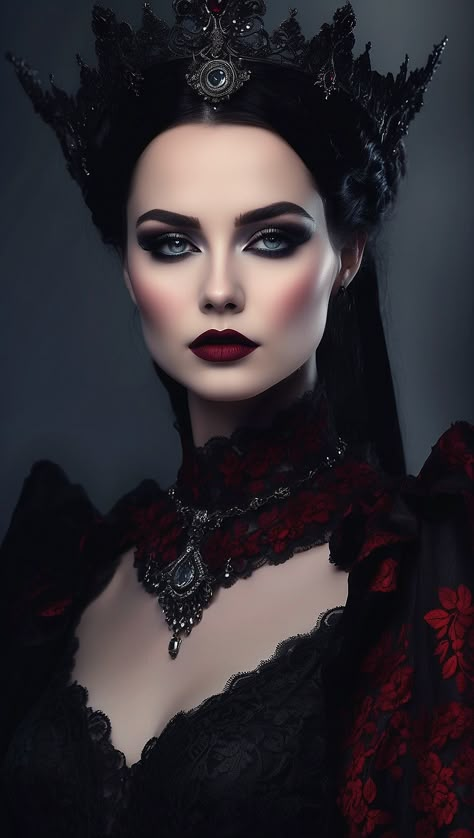 Gothic Bride Makeup Halloween, Queen Of Darkness Makeup, Lady Vampire Makeup, Queen Makeup Royal, Vampire Queen Makeup, Queen Makeup Halloween, Dark Queen Makeup, Victorian Vampire Makeup, Hot Vampire Costume