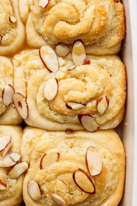 Almond Croissant Cinnamon Rolls - Fit Foodie Finds Breakfast Meal Train Ideas, Almond Crossiant Recipes, Almond Crescent Rolls, Almond Baked Goods, Cinnamon Rolls Variations, Almond Cinnamon Rolls, Almond Croissant Rolls, Banana Nut Cinnamon Rolls, Almond Sweet Rolls