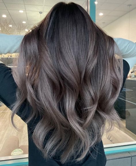 Grayish-Brown Balayage with Silvery Sheen Ash Brunette Hair Color, Ashy Brown Hair Balayage, Ash Brown Hair Color Ideas, Ash Brown Hair Dye, Ash Brown Hair Balayage, Smokey Hair, Dark Brunette Balayage Hair, Dark Ash Brown Hair, Ashy Brown Hair