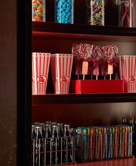 Aesthetic Theater Room, Boutique Movie Theater, Basement Movie Theater Snack Bar, Candy Bar Ideas For Home Theater, Cinema Living Room Decor, Movie Room Curtains & Drapes, Movie Theater Cabinets, Movie Theater Candy Display, 90s Movie Room