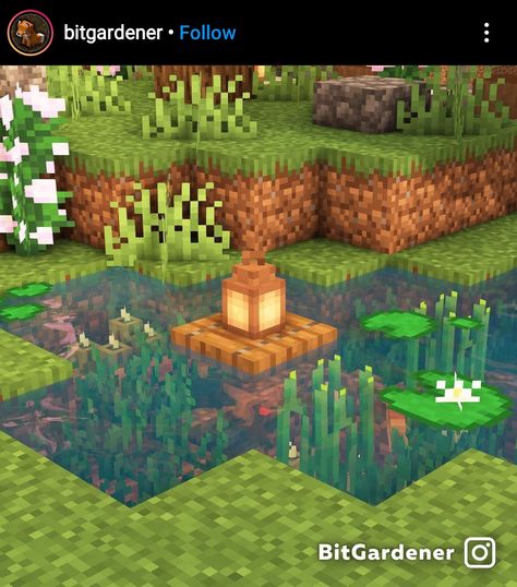 Minecraft On The Water House, Minecraft Short Wall Designs, Waterfall Pond Minecraft, Minecraft Light Ideas Outside, Minecraft Jungle Aesthetic, Frog Lights Minecraft, Minecraft Waterfall Design, Minecraft Sun Build, Minecraft Glow Berries Farm