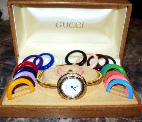 #Gucci #watch #bling #consignment #glamresale Gucci Watch Women, Colorful Watches, Bangle Watches, Gucci Watch, Gucci Jewelry, Gold Plated Bangles, Jewelry Lookbook, Gucci Accessories, Women Wrist Watch