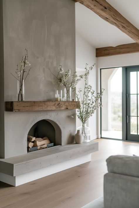 40 Farmhouse Fireplace Ideas for a Charming Home Hearth Faux Wood For Fireplace, Rounded Plaster Fireplace, Fireplace Decor Inspiration, Fireplace Minimalist Modern, Fireplace Masonry Ideas, Double Sided Fireplace Insert, Fireplace Rustic Ideas, Open Fireplaces Ideas, Fireplace Ideas Slanted Ceiling