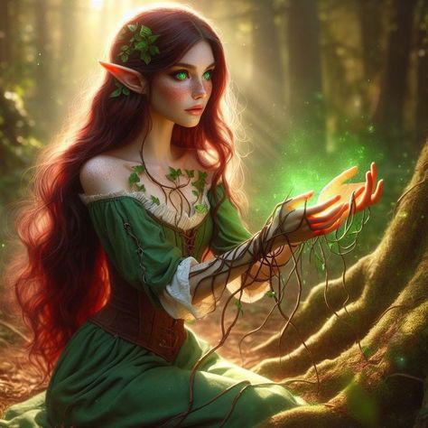 Red Hair Elf, Witch Elves, Red Orange Hair, Elf Druid, Elves Fantasy, Elf Art, Wood Elf, Beauty Art Drawings, Dungeons And Dragons Characters