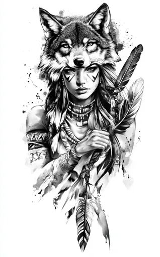 ↑↑↑ Larger size on website ���🔸 The image is a black and white drawing of a woman with a wolf head headdress. She has Native America Wolf In Feather Tattoo, Indigenous Woman Drawing, Native Warrior Woman Tattoo, Native Tribe Tattoo, Anishinaabe Tattoo, Blackfoot Indian Tattoo, Indian Tattoo Sleeve, Native American Indians Women, Indian Wolf Tattoo