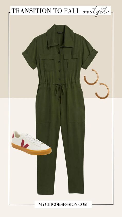 Olive Jumpsuit Outfit, Olive Green Jumpsuit Outfit, Jumpsuit Fall Outfit, Green Jumpsuit Outfit, Versatile Fall Outfits, Olive Green Sneakers, Shoe Outfits, Trendy Mom Outfits, Olive Jumpsuit