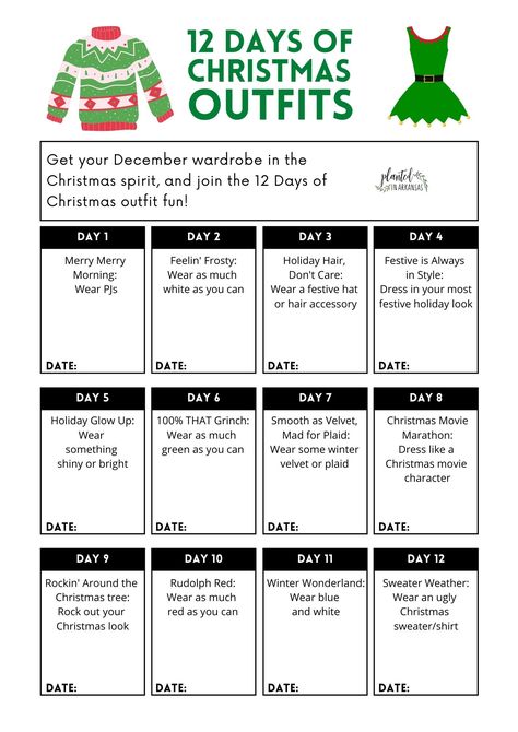 School Christmas Calendar Ideas, 25 Days Of Christmas Outfits, Christmas Work Spirit Week, Christmas Work Week Ideas, Theme Dress Up Days Spirit Weeks, 12 Days Of Christmas Games For Work, School Christmas Themes, Christmas Theme Week At Work, Christmas Work Ideas 12 Days Of