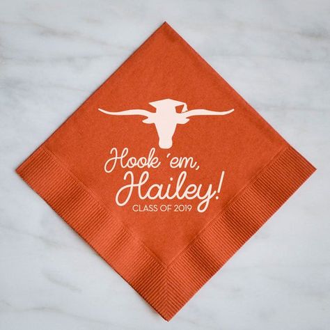 Our Customizable Graduation Napkins are perfect for college, high school, or even elementary school graduation parties, events, and dinners! #GraduationParty #CollegeGraduation #HighSchoolGraduation #LawSchoolGraduation #MedSchoolGraduation #GraduationCups #GraduationCeremonyIdeas Graduation Napkins, Personalized Cocktail Napkins, Blind Embossing, Texas Bbq, Graduation Parties, Custom Napkins, Traditional Diamond, Custom Ink, Family Event