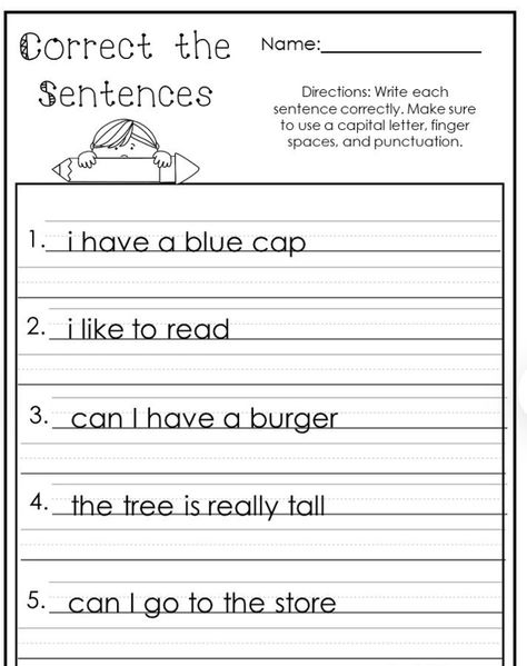 Teaching Sentence Writing, Kindergarten Writing Worksheets, Writing Sentences Worksheets, Punctuation Worksheets, First Grade Lessons, Writing Practice Worksheets, 1st Grade Writing, 2nd Grade Worksheets, English Worksheets For Kids