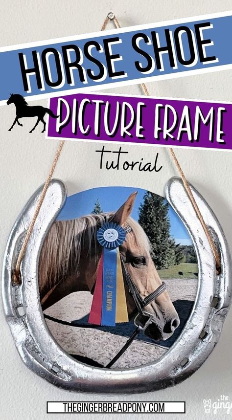 Here’s a neat idea for a distinctly horse themed craft! Make a horseshoe picture frame with minimal supplies. Gather up some old horseshoes and get ready to create an adorable piece of wall decor for your house or barn! This is a great horse camp craft or fun party favors! Great pony and horse themed DIY to try making. #thegingerbreadpony #horseshoe #horse #pony #diy Horseshoe Diy Craft Ideas, Horse Shoe Picture Frame, Horseshoe Picture Frame, 4h Horse Stall Decorations, Diy Horseshoe Crafts Projects, Horse Arts And Crafts, Easy Horse Crafts, Horse Camp Games, Horse Crafts Diy