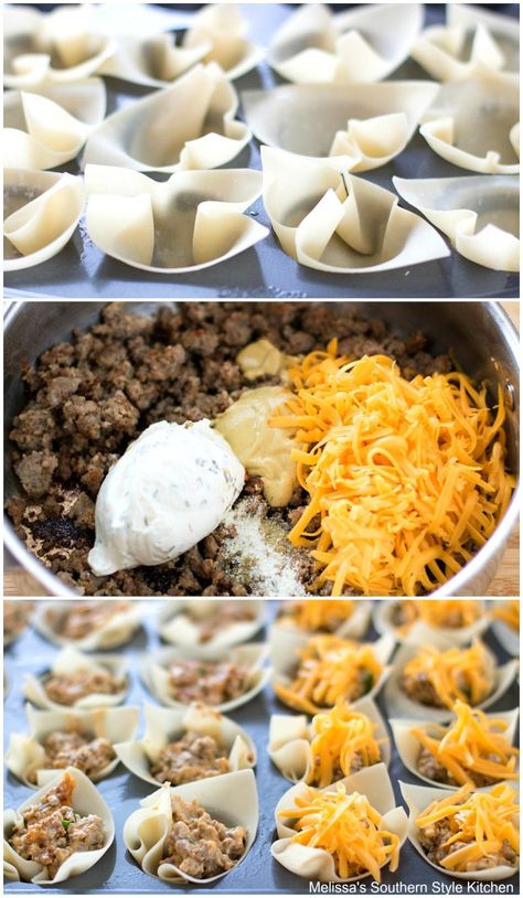 These easy Cheesy Dijon Sausage Cups are made using wonton wrappers for the crust. #sausagecups #sasuagerecipes #cheesysausagecups #wontoncups #sontonwrappers #sausagerecipes #cheesysausagecups #brunch #appetizers #recipes #southernfood #southernrecipes Sausage And Cream Cheese Wontons, Sausage And Cheese Wonton Bites, Wonton Wrapper Recipes Breakfast, Wanton Wrapper Recipes, Sausage Wonton Cups, Sausage Cups, Wonton Wrapper Recipes Appetizers, Wonton Appetizer Recipes, Best Football Food