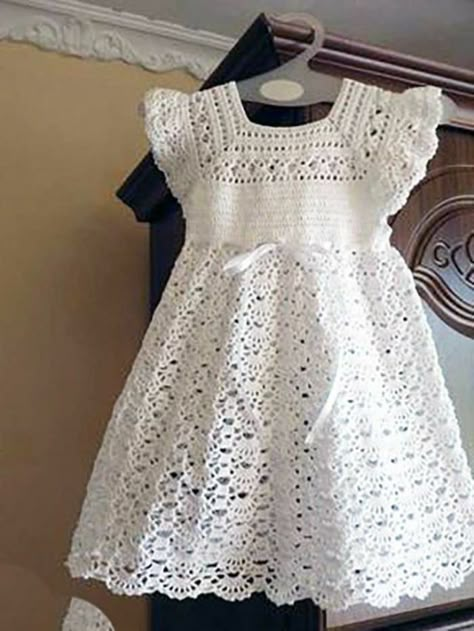 Pola Rok, Vestidos Bebe Crochet, Crochet Dress Girl, Dress Pattern Free, Crochet Baby Dresses, White Crochet Dress, Crochet Baby Girl Dress, Crochet Baby Dress Pattern