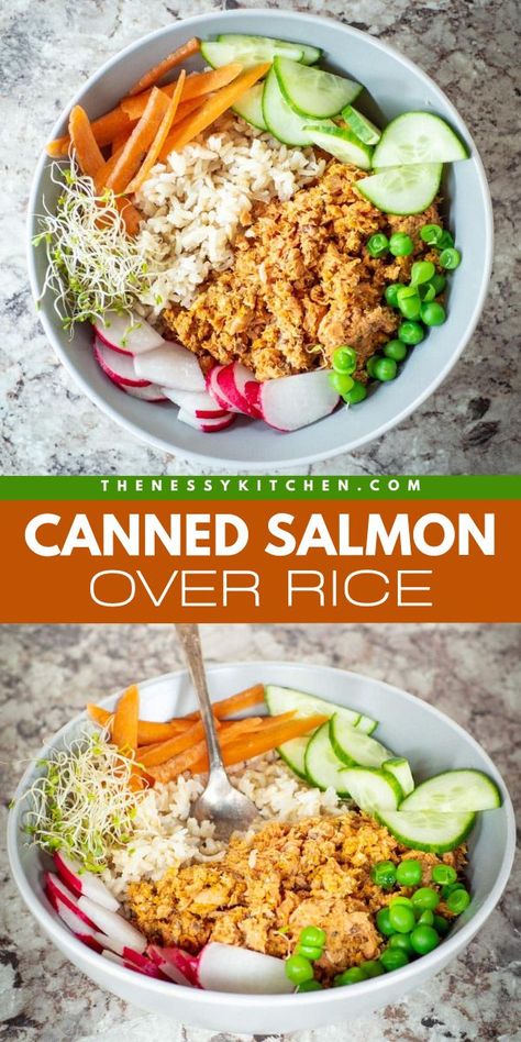 Learn how to cook Canned Salmon Over Rice! You're going to love this easy lunch idea that's healthy and high protein. Ready in under 30 minutes, it's also a perfect weeknight dinner recipe! Enjoy this salmon rice bowl in 5 different ways! Salmon Over Rice, Easy Meals To Cook, Easy Lunch Idea, Drinks To Make At Home, Canned Salmon Recipes, Rice Bowl Recipe, Healthy Packed Lunches, Salmon Rice Bowl, Salmon Rice