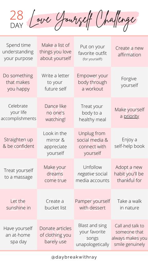 Join us on IG @daybreakwithray on this 28-Day Love Yourself Challenge as we enjoy a different activity each day and bring us one step closer to loving ourselves. #daybreakwithray #love #yourself #challenge #28-day #self-care 30 Days Love Yourself Challenge, 30 Self Love Challenge, Self Love Challenge Ideas, Steps For Self Love, Journey To Loving Yourself, Self Love Steps, Love Yourself Challenge 30 Day, Love Yourself Journal Ideas, New Year Glow Up Challenge