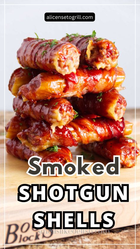 Smoked Shotgun Shells. Stuffed Manicotti Recipe, Smoked Shotgun Shells, Manicotti Shells, Grilled Potato Wedges, Smoked Pizza, Shells Stuffed, Sweet Bbq Sauce, Wrapped In Bacon, Traeger Recipes