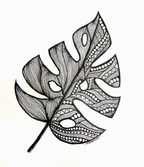 Zentangle art Leaf Zentangle Art, Deformasi Flora, Plant Zentangle, Stilasi Flora, Monstera Leaf Drawing, Leaf Zentangle, Leaf Drawings, Modele Zentangle, Motifs Design