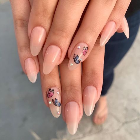 Nude Nails With Butterflies, Almond Shape Nails Designs, Pink Almond Shaped Nails, Rhinestones Nails, Almond Shaped Nails Designs, Nails Designs Ideas, Almond Shaped Nails, Channel Ring, Shape Nails