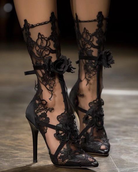 black lace heels ai mj 🖤🤍 Goth Heels, Black Lace Heels, Lace Heels, Lace Socks, Cute Heels, Creation Couture, Shoe Inspo, Shoe Closet, Pretty Shoes